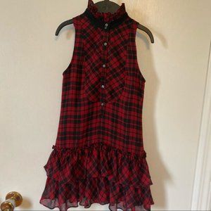 plaid ruffle dress with sheer overlay satin feel